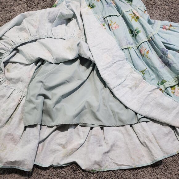 Ivy City Co Blue Foral Tiered Puff Sleeve Linen Ruched Midi Dress - Large - Picture 9 of 10